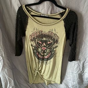 Crash and Burn top. Green is shimmery. Black lace 1/4 sleeves